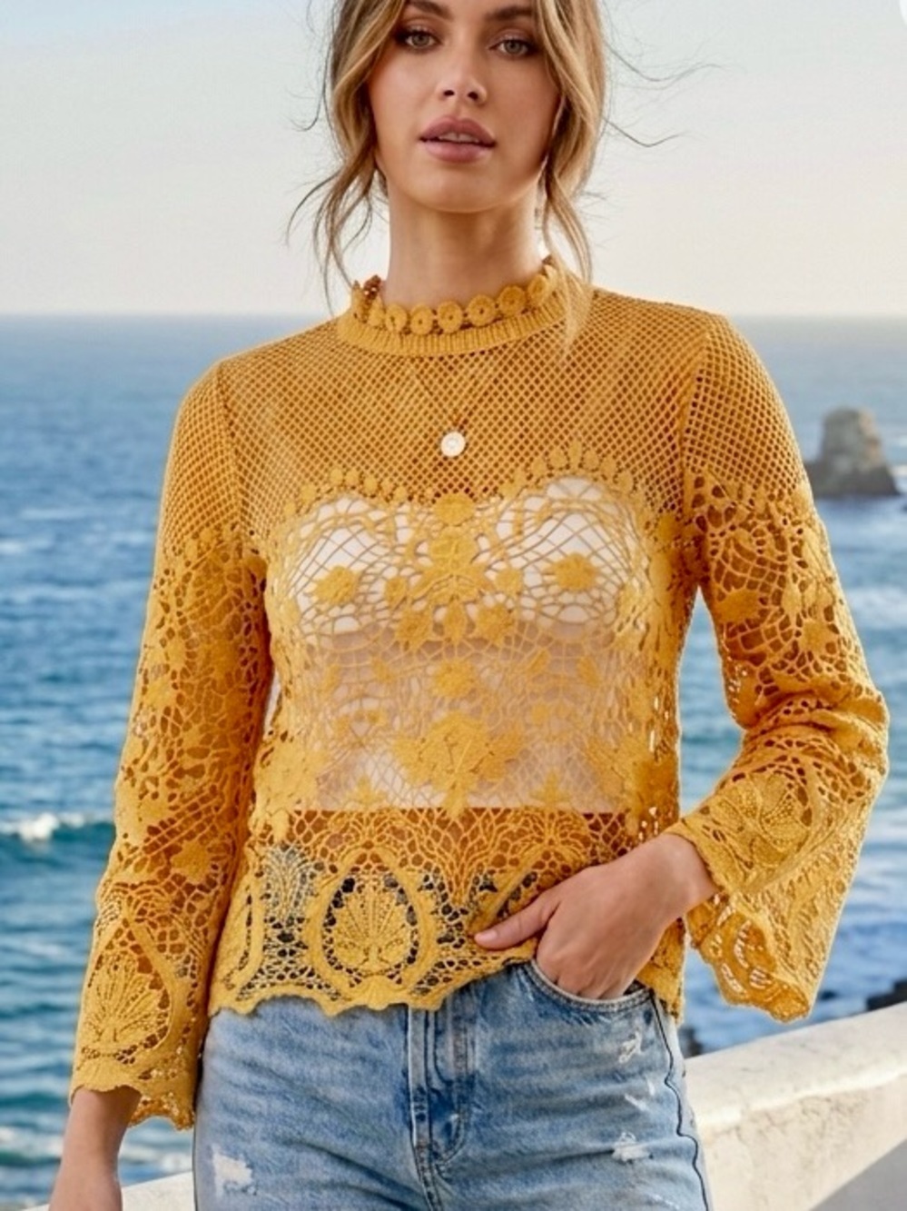 BOLD elements Crochet Floral Openwork Top in light Orange in color